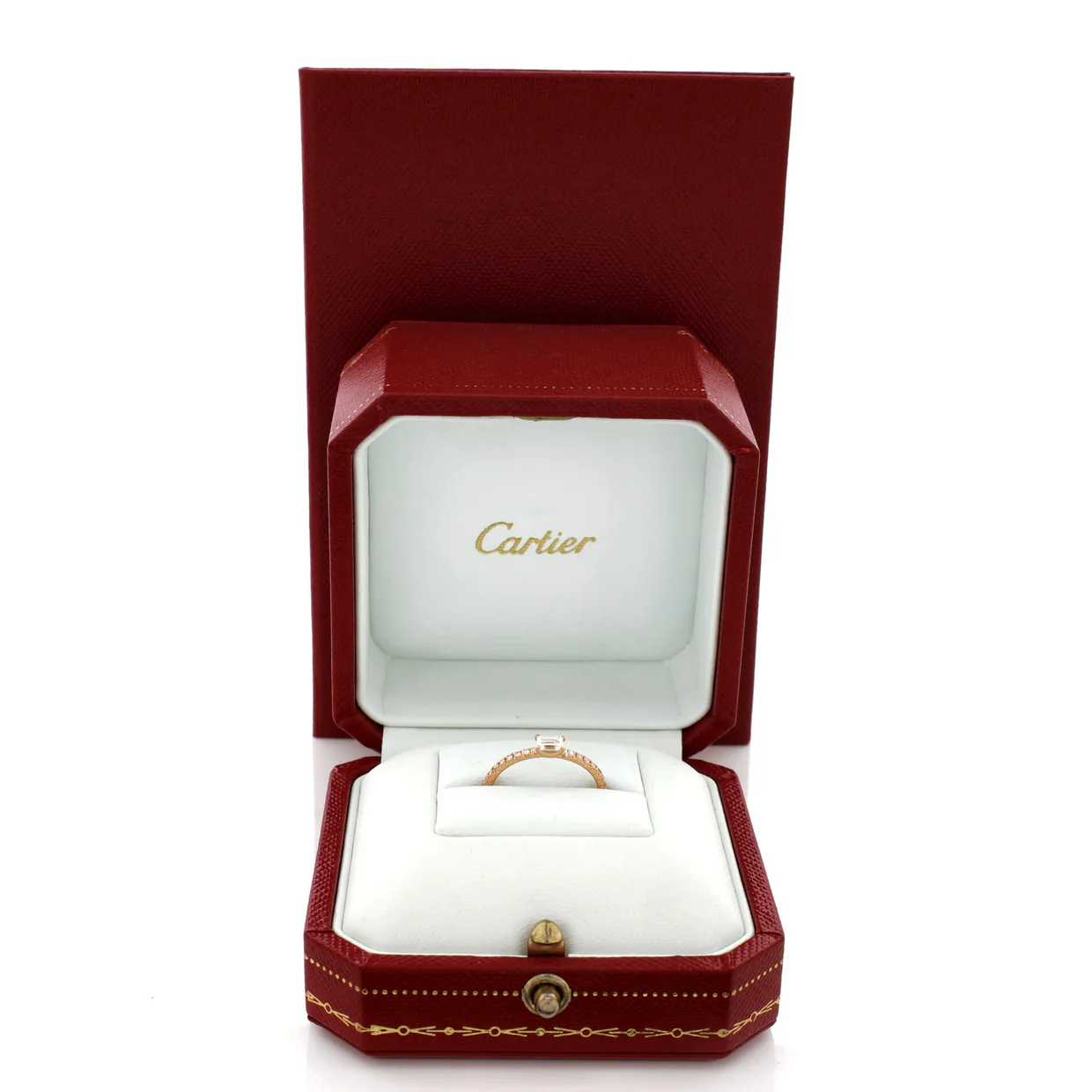 Etincelle de Cartier Solitaire Ring 18K Rose Gold with Emerald Cut Diamond and Pave Diamonds - Deep Luxury