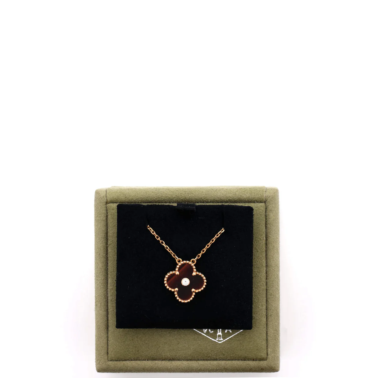 Vintage Alhambra Pendant Necklace 18K Rose Gold and Tiger Eye with Diamond - Deep Luxury