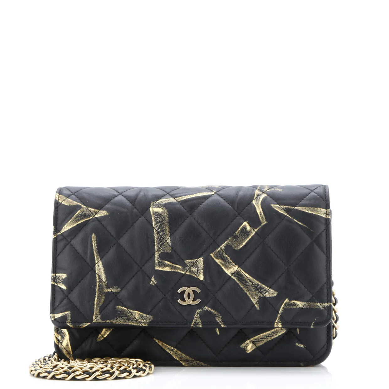 Wallet on Chain Quilted Printed Crumpled Calfskin - Deep Luxury