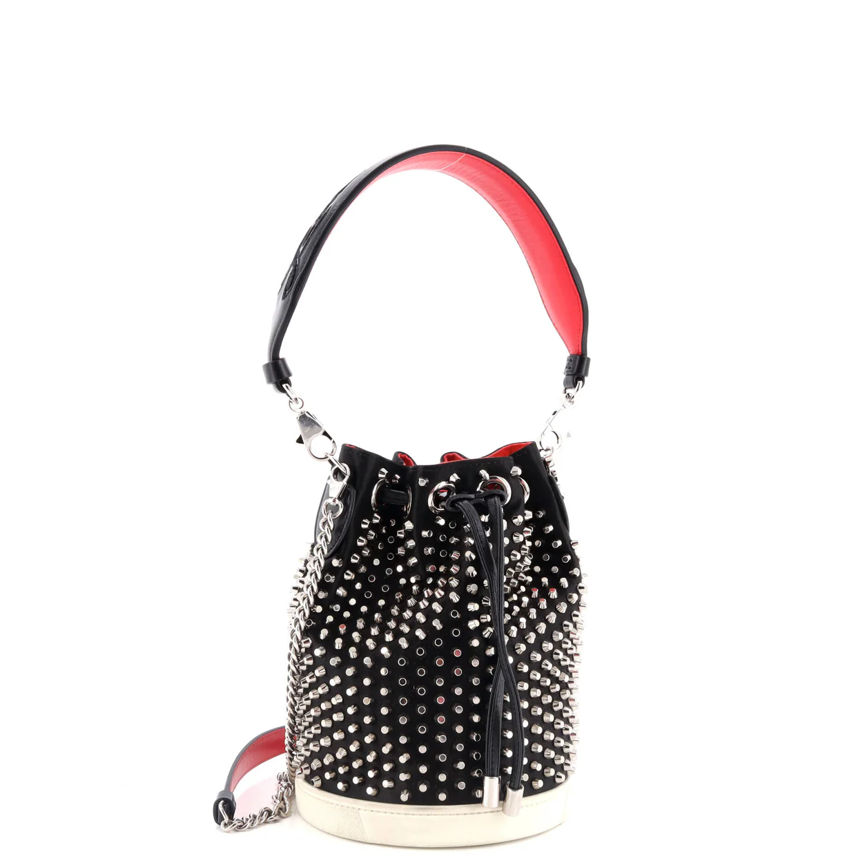 Marie Jane Bucket Bag Studded Satin and Leather - Deep Luxury