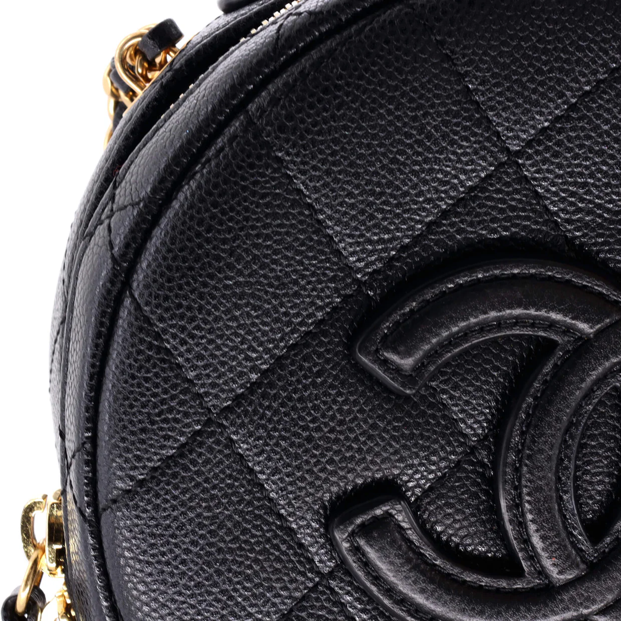 Round Vanity With Chain Quilted Caviar Small - Deep Luxury