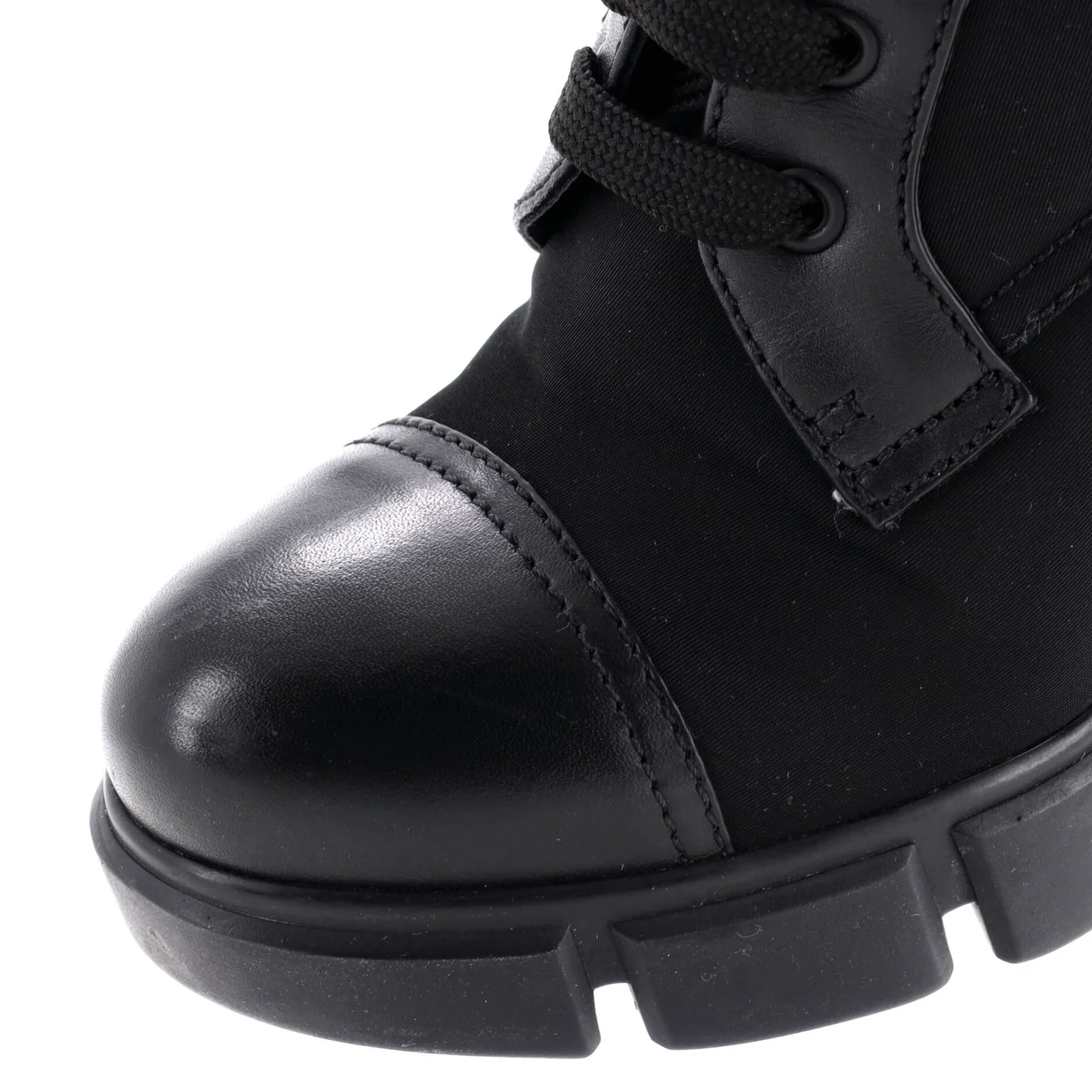 Women's Triangle Logo Heeled Ankle Boots Nylon and Leather - Deep Luxury