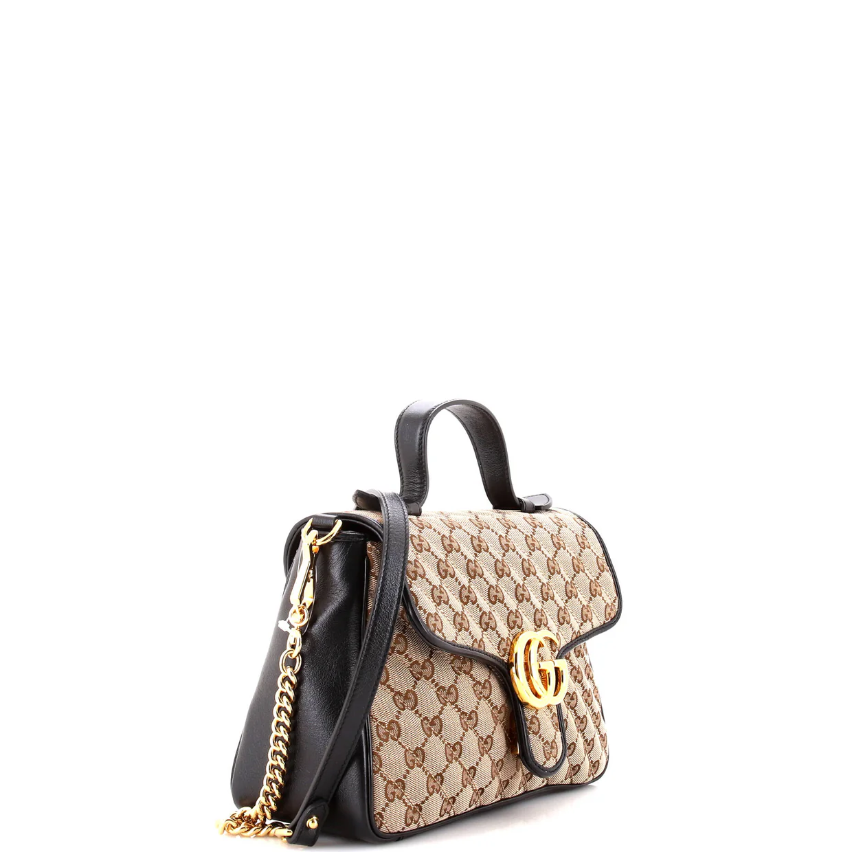 GG Marmont Top Handle Flap Bag Diagonal Quilted GG Canvas with Leather Small - Deep Luxury