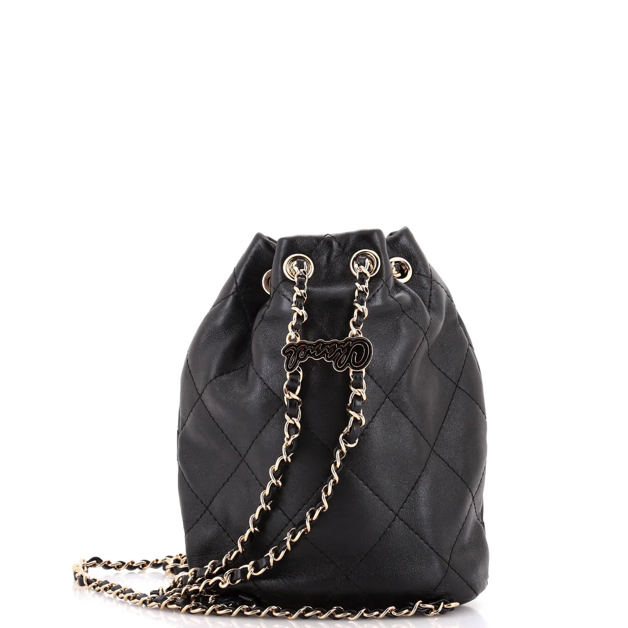 Logo Script Drawstring Chain Backpack Quilted Shiny Lambskin Small - Deep Luxury