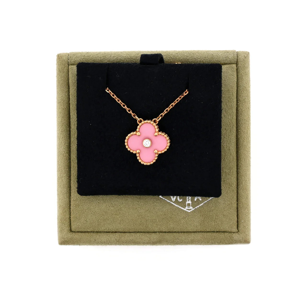 Vintage Alhambra Pendant Necklace 18K Rose Gold and Pink Sevres Porcelain with Diamond - Deep Luxury