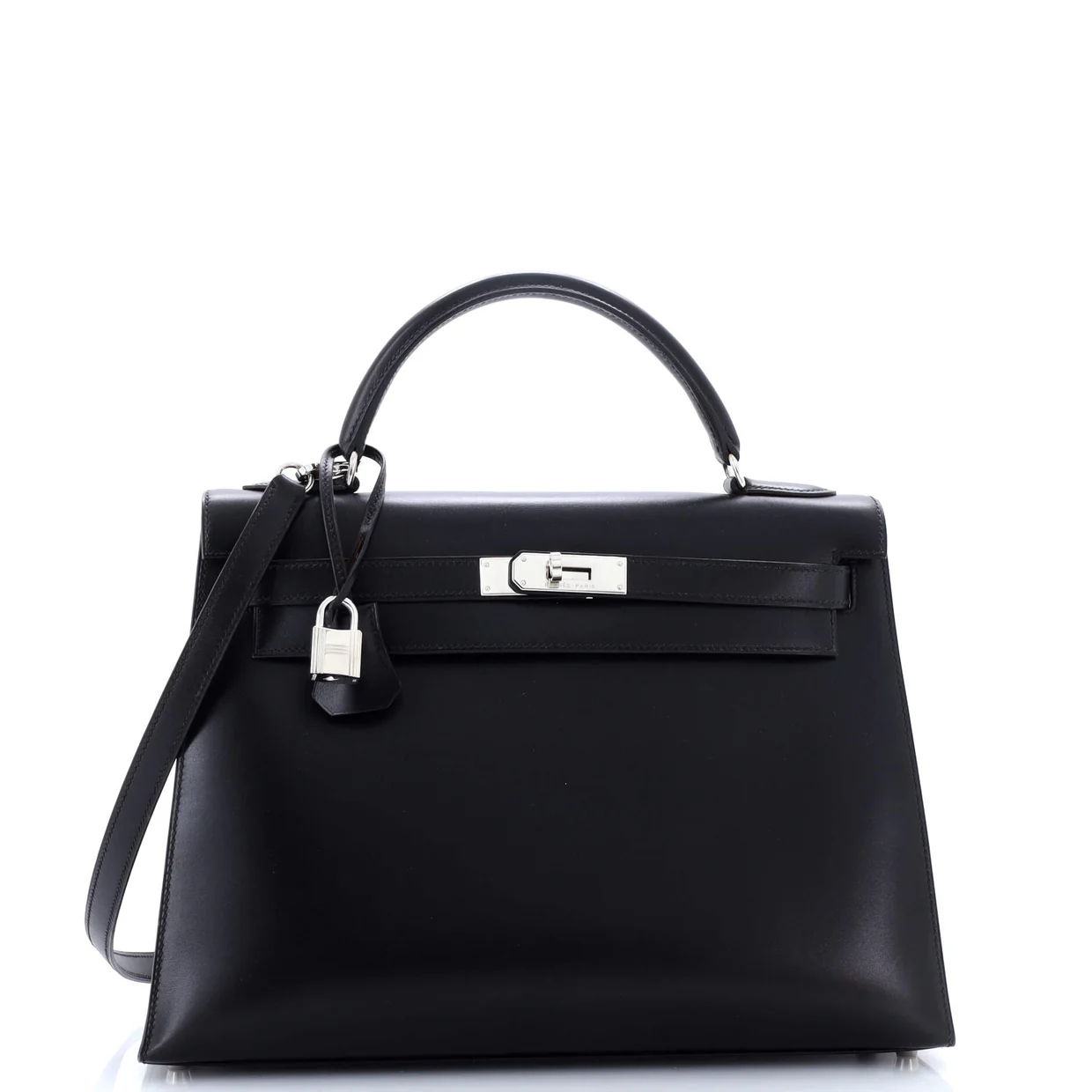 Kelly Handbag Noir Box Calf with Palladium Hardware 32 - Deep Luxury