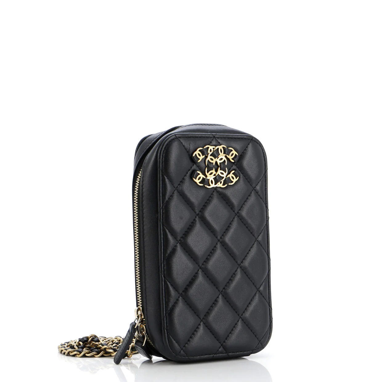 Woven CC Zip Around Phone Holder with Chain Quilted Lambskin Vertical - Deep Luxury