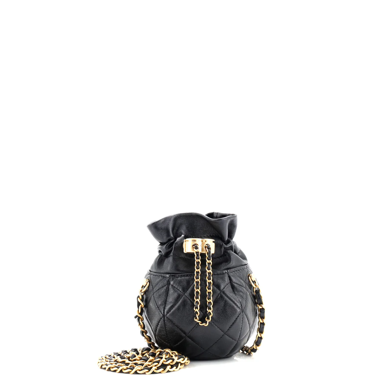 Drawstring CC Round Bucket Clutch with Chain Quilted Lambskin Mini - Deep Luxury