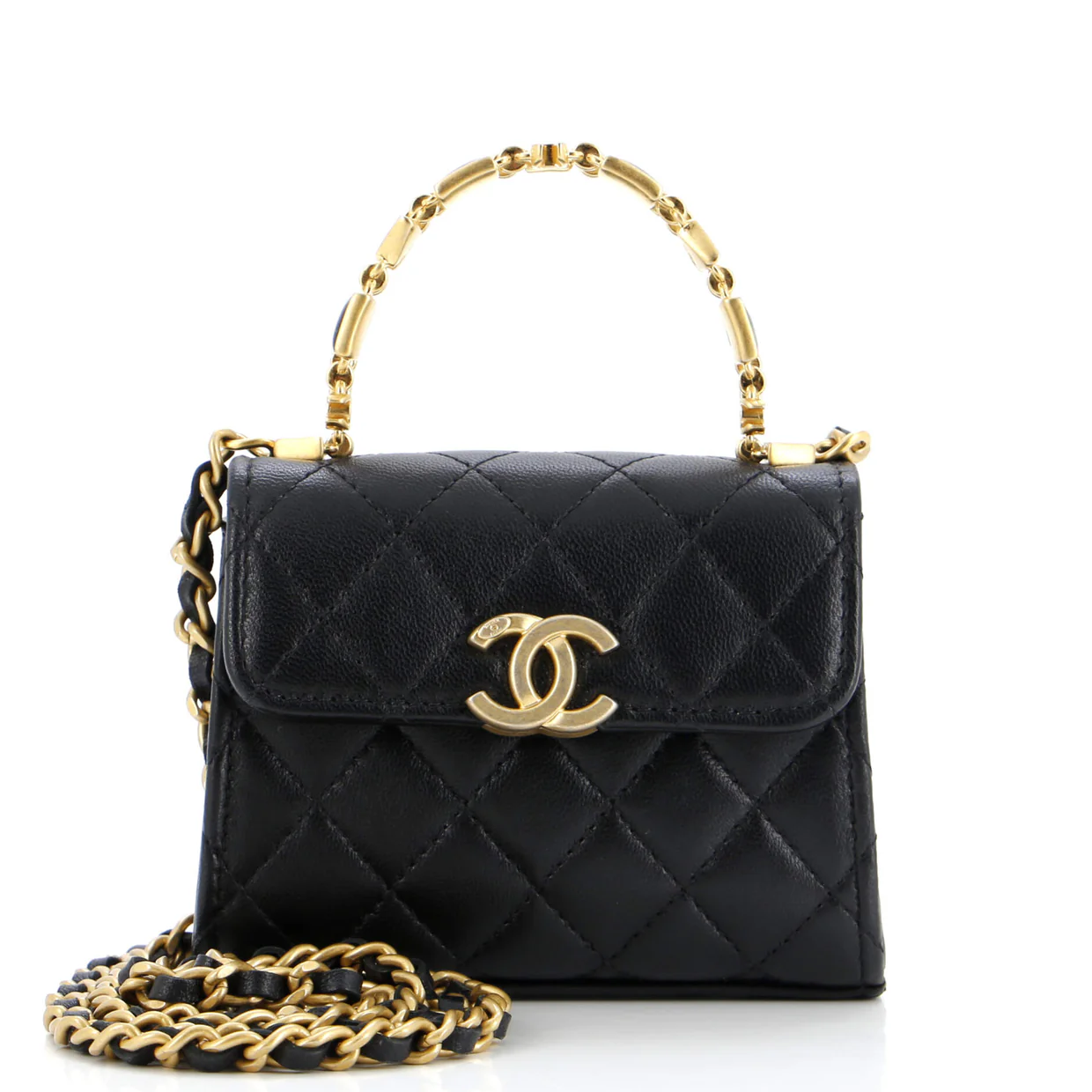 Coco Enamel Top Handle Flap Clutch with Chain Quilted Lambskin - Deep Luxury
