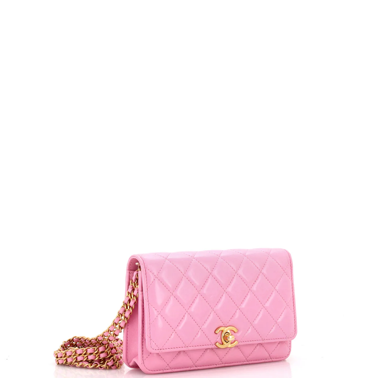 Double Chain CC Wallet on Chain Quilted Shiny Calfskin - Deep Luxury