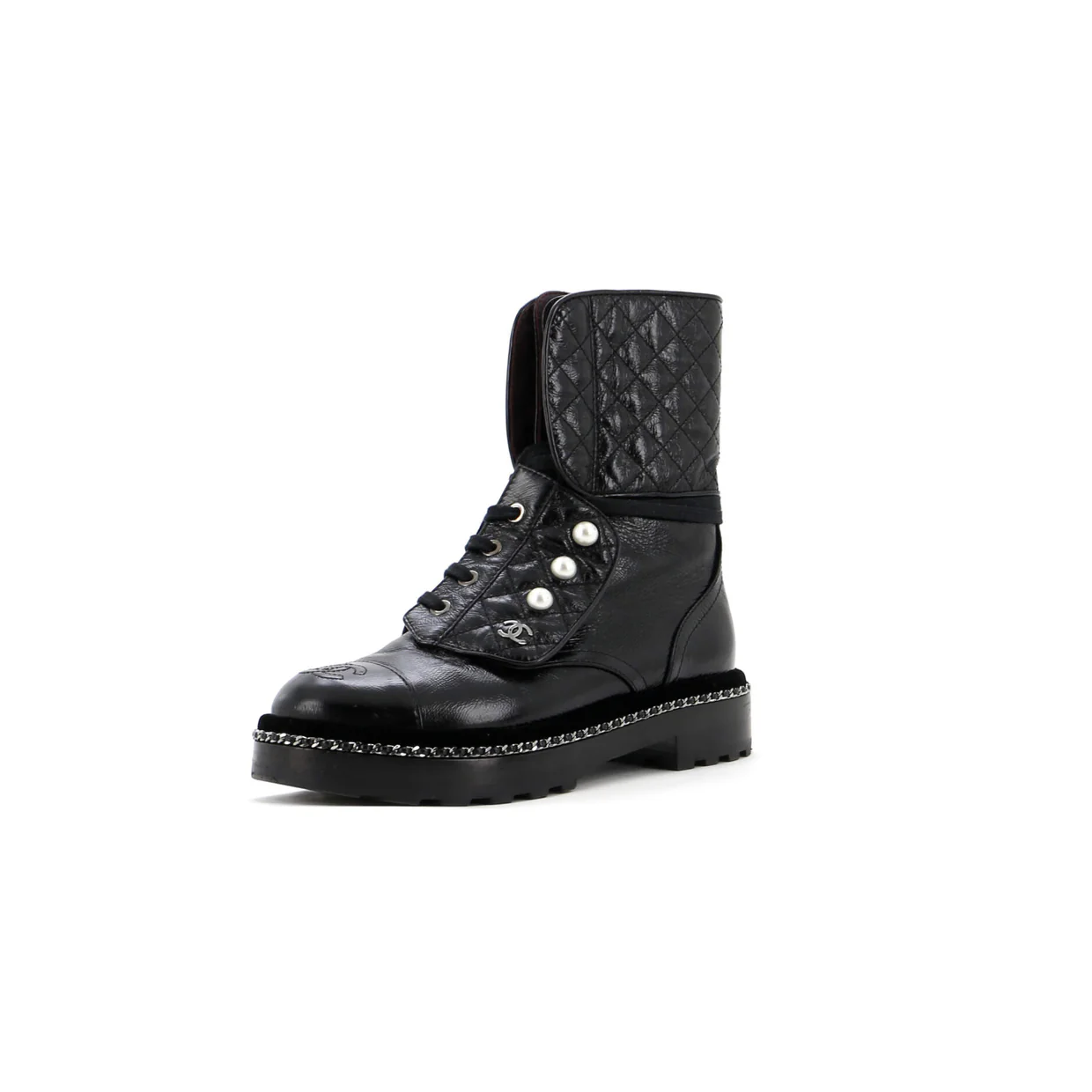 Women's Cap Toe CC Chain Around Pearl Combat Boots Leather - Deep Luxury