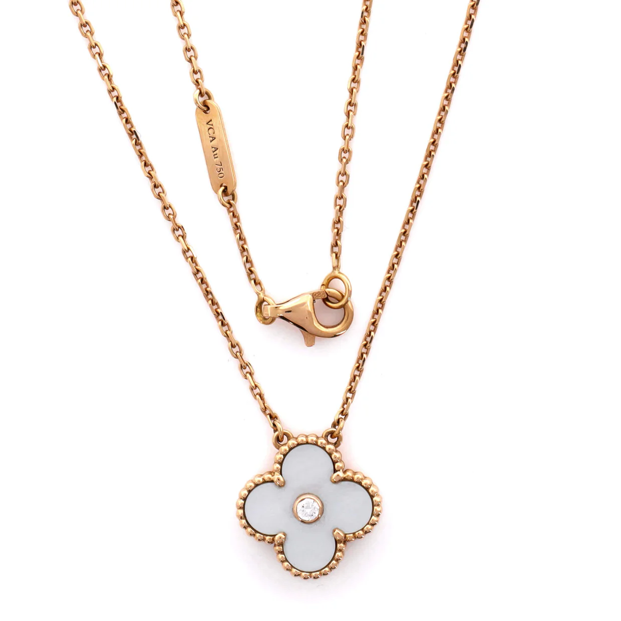 Vintage Alhambra Pendant Necklace 18K Rose Gold and White Mother of Pearl with Diamond - Deep Luxury