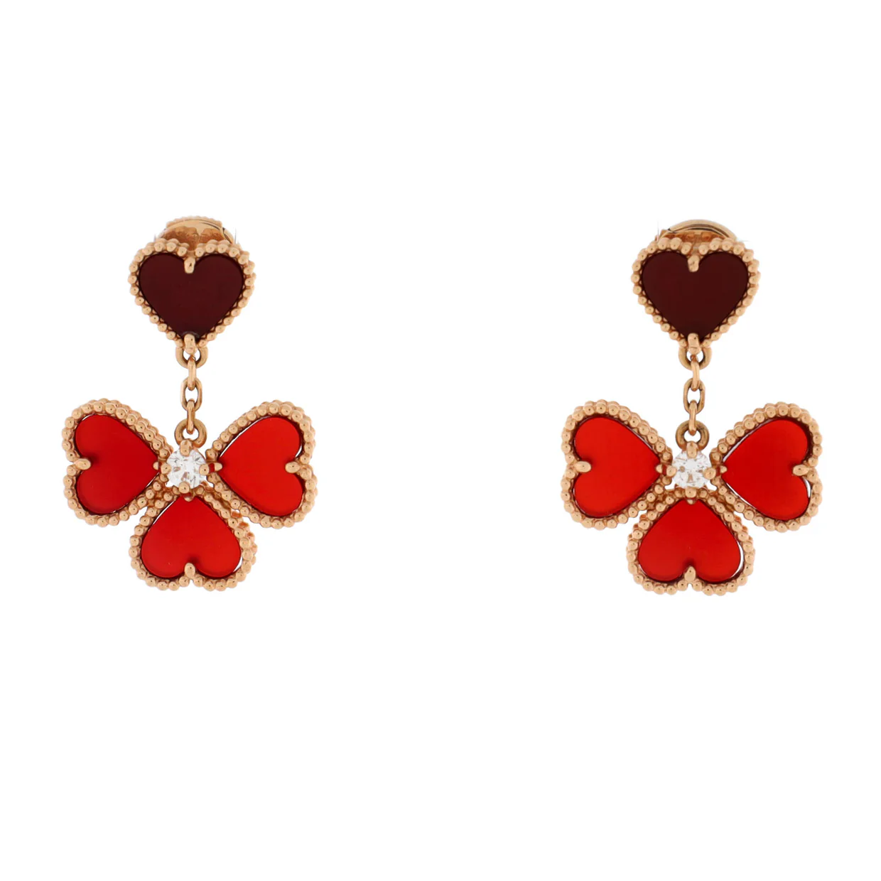 Sweet Alhambra Effeuillage Heart Earrings 18K Rose Gold with Carnelian and Diamonds - Deep Luxury