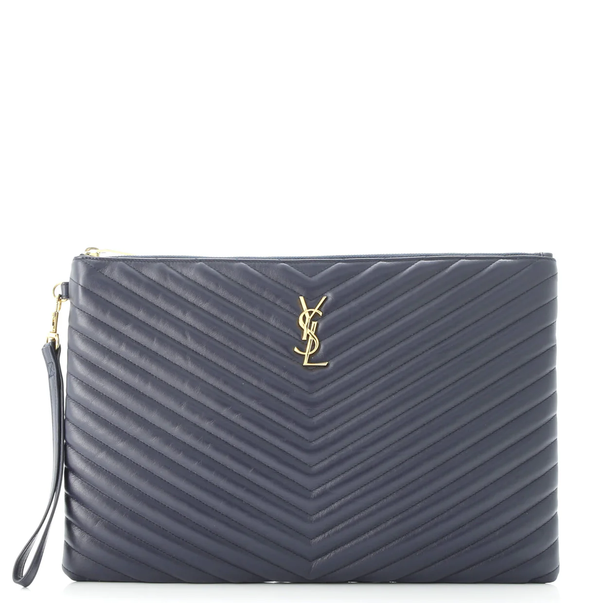 Classic Monogram Wristlet Pouch Matelasse Chevron Leather Large - Deep Luxury