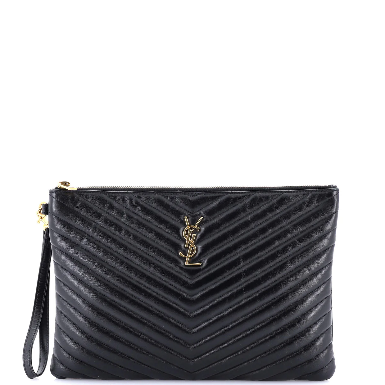 Classic Monogram Wristlet Pouch Matelasse Chevron Leather Medium - Deep Luxury