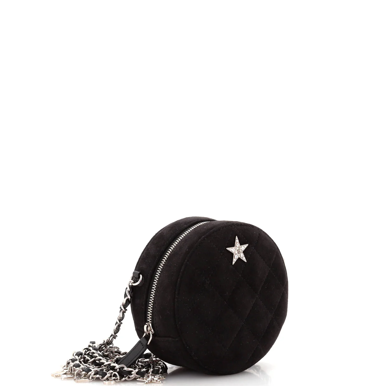 Star Round Clutch with Chain Quilted Suede with Crystal Embellished Charms - Deep Luxury
