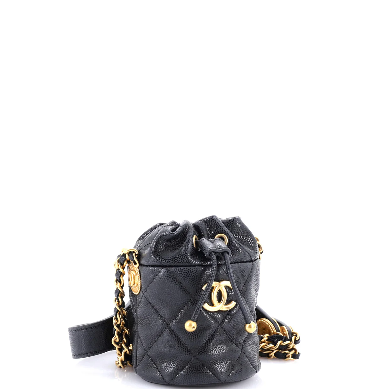 Twist Your Buttons Drawstring Bucket Bag Quilted Caviar Mini - Deep Luxury