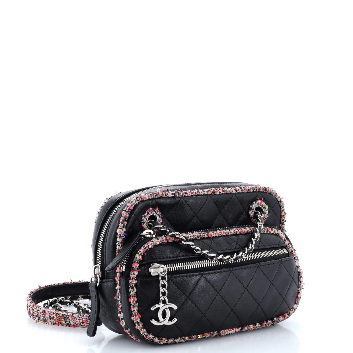 Elegant Trim Front Zip Camera Bag Quilted Lambskin with Tweed Small - Deep Luxury