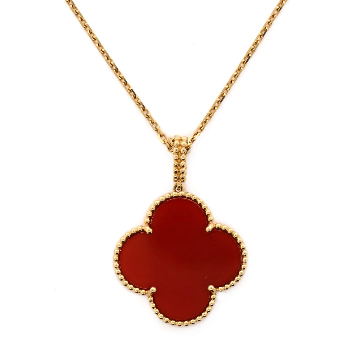 Magic Alhambra Pendant Long Necklace 18K Yellow Gold and Carnelian - Deep Luxury