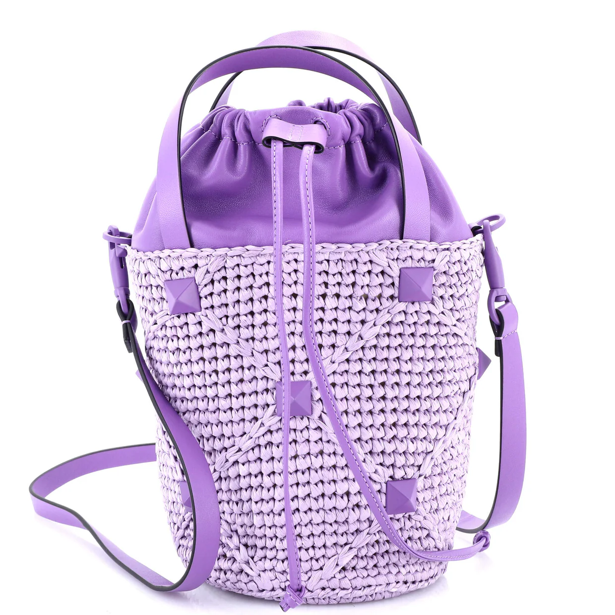 Roman Stud Bucket Bag Raffia and Leather - Deep Luxury