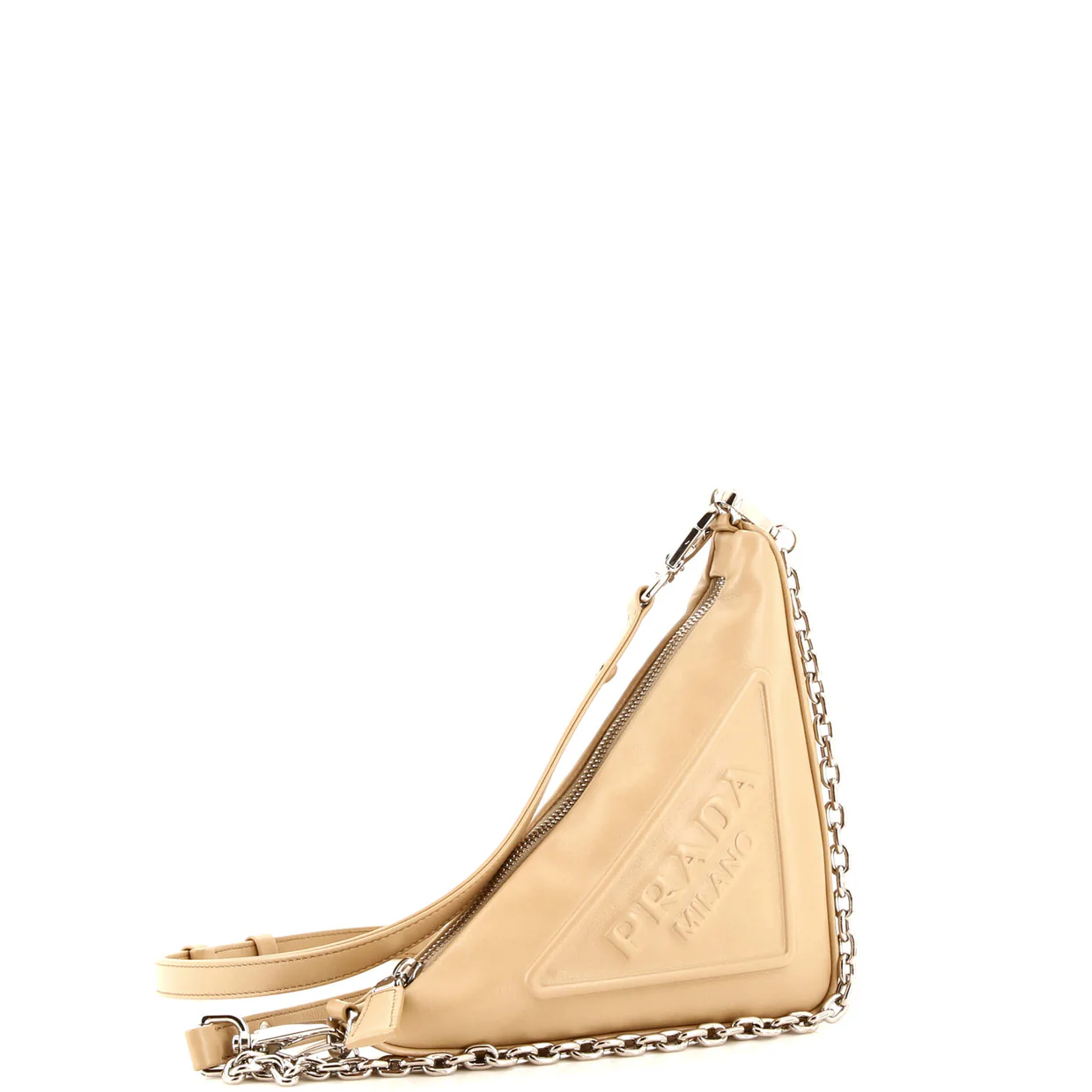 Triangle Logo Zip Chain Crossbody Bag Embossed Leather Small - Deep Luxury