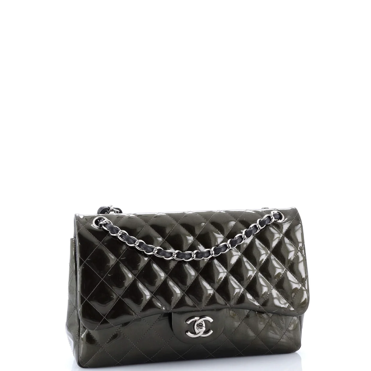 Classic Double Flap Bag Quilted Striated Metallic Patent Jumbo - Deep Luxury