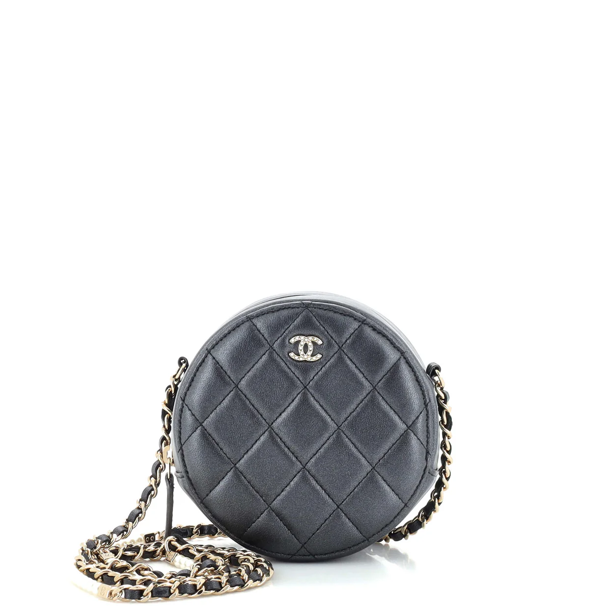 Pearl Strap Round Clutch with Chain Quilted Iridescent Lambskin - Deep Luxury