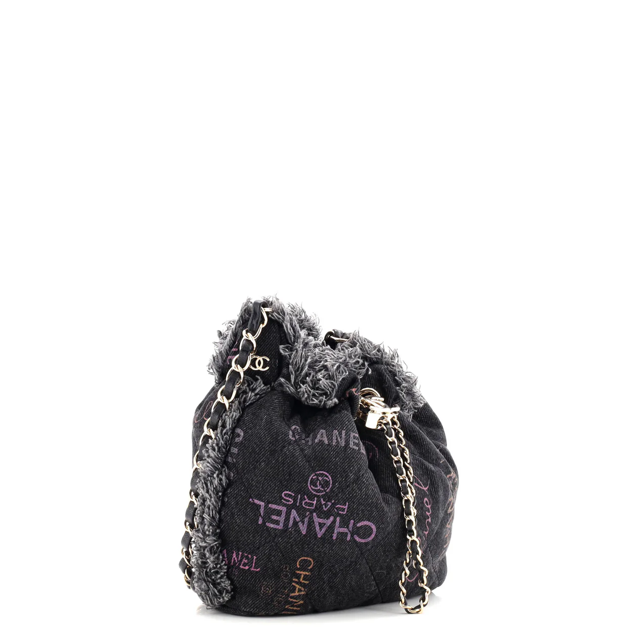 Denim Mood Chain Bucket Bag Logo Printed Quilted Fringe Denim Medium - Deep Luxury