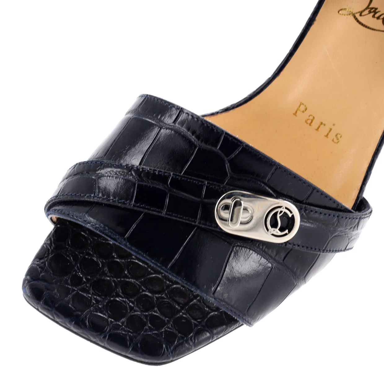 Women's Lock Art Heeled Mules Crocodile Embossed Leather 55 - Deep Luxury