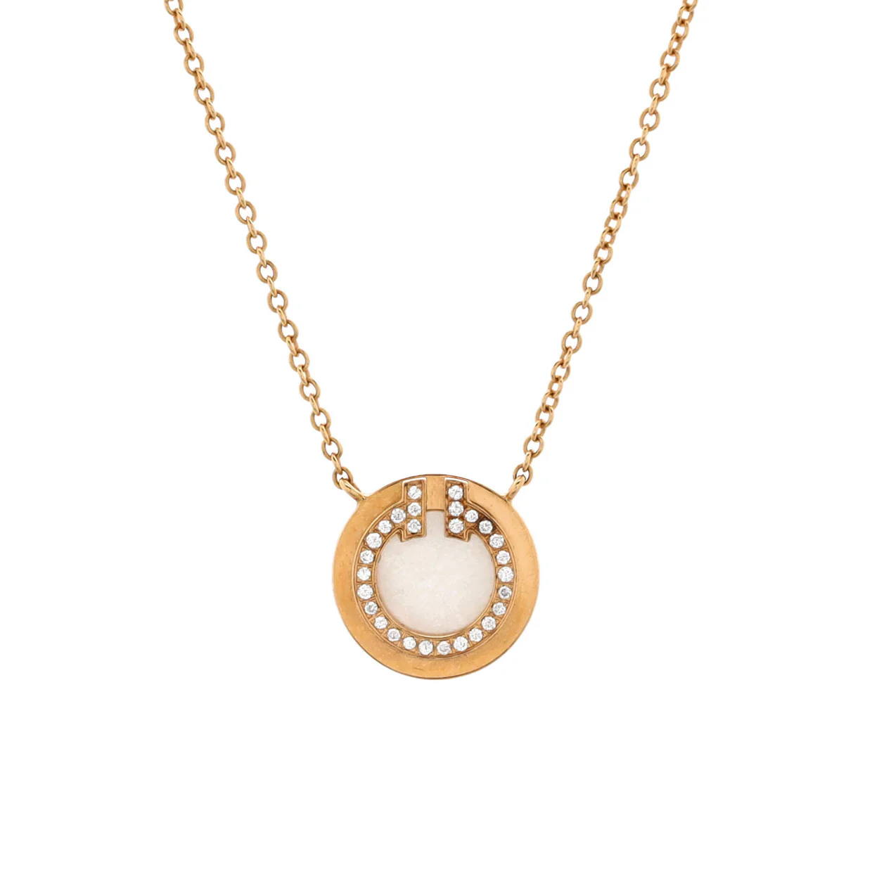 T Circle Pendant Necklace 18K Rose Gold with Diamonds and Mother Of Pearl Small - Deep Luxury
