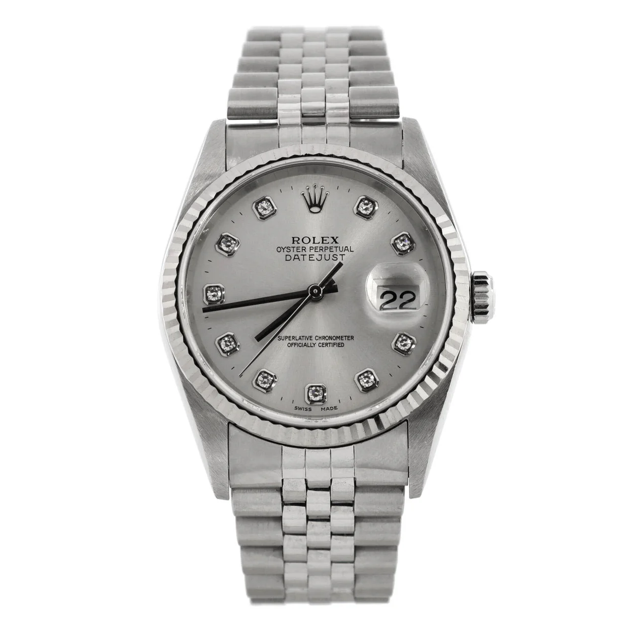 Oyster Perpetual Datejust Automatic Watch Stainless Steel and White Gold with Diamond Markers 36 - Deep Luxury