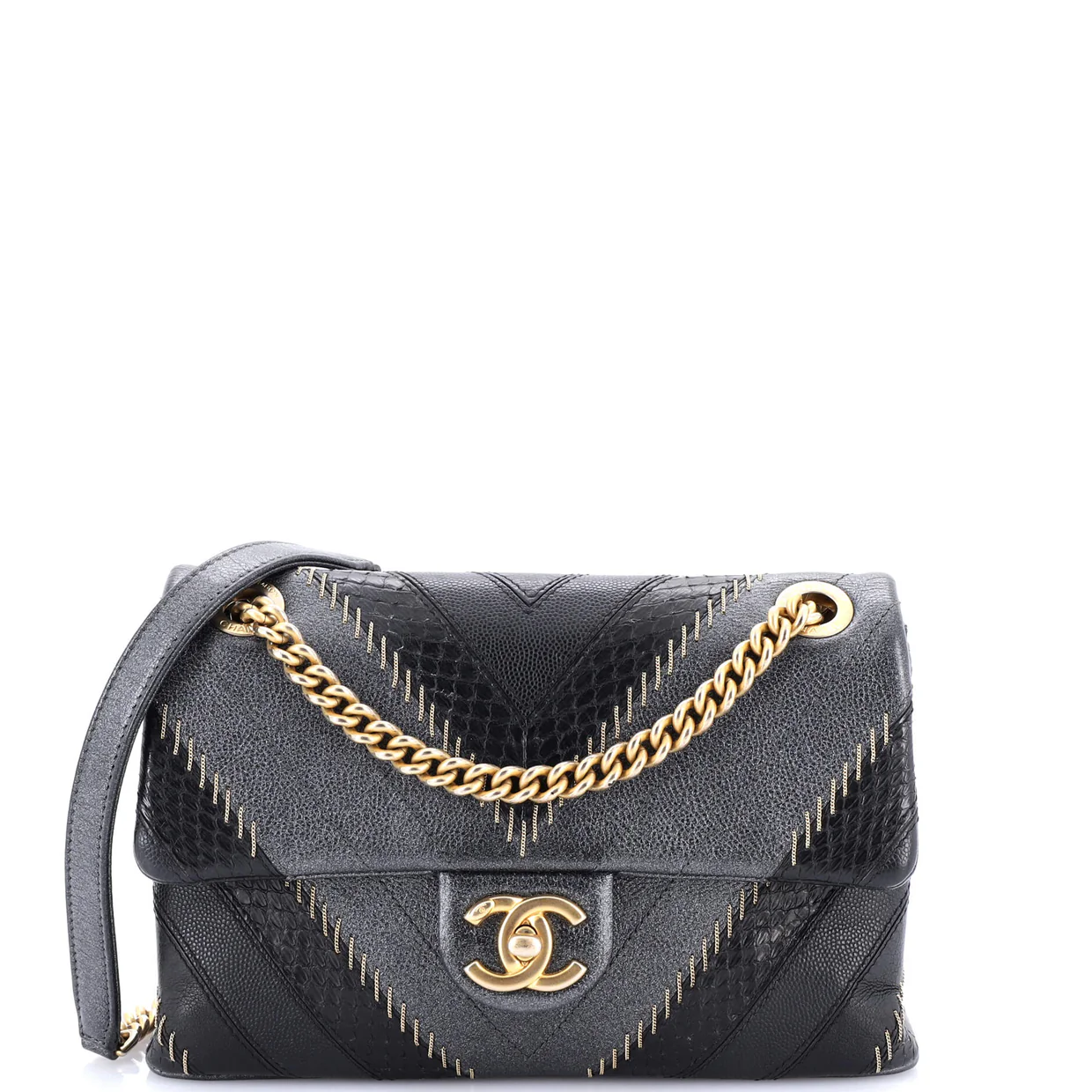 Cuba CC Flap Bag Whipstitch Chevron Leather and Python Medium - Deep Luxury