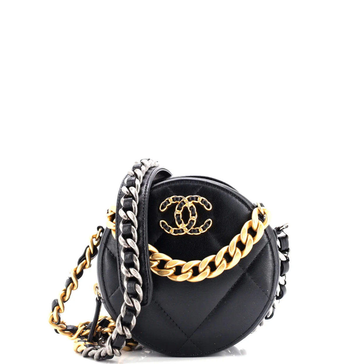 19 Round Clutch with Chain Quilted Leather - Deep Luxury