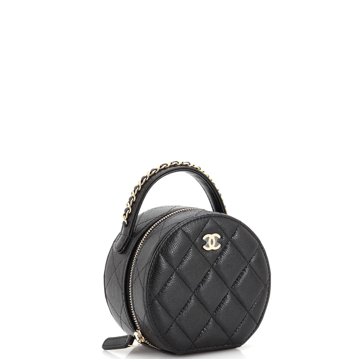 Chain Handle Round Jewelry Box Quilted Caviar - Deep Luxury