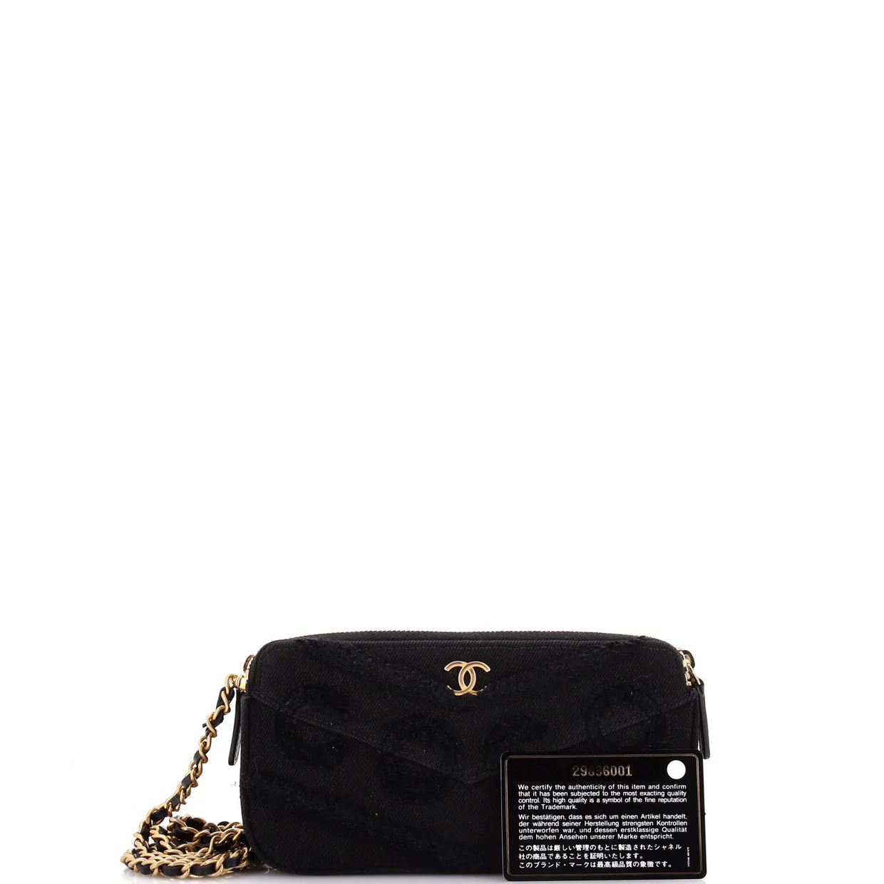 Coco Double Zip Clutch with Chain Fringe Chevron Denim - Deep Luxury