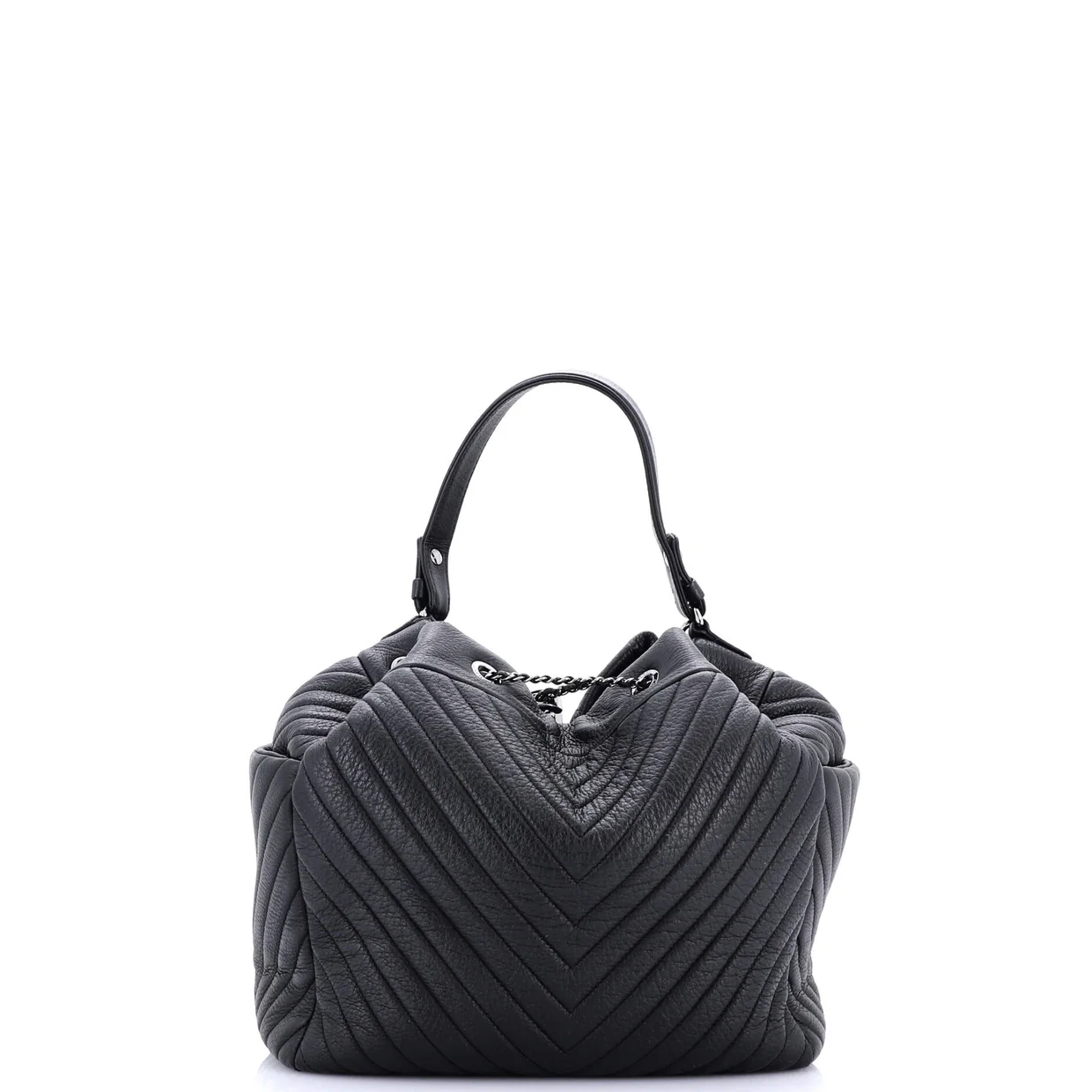 CC Chain Drawstring Bucket Bag Chevron Sheepskin Medium - Deep Luxury