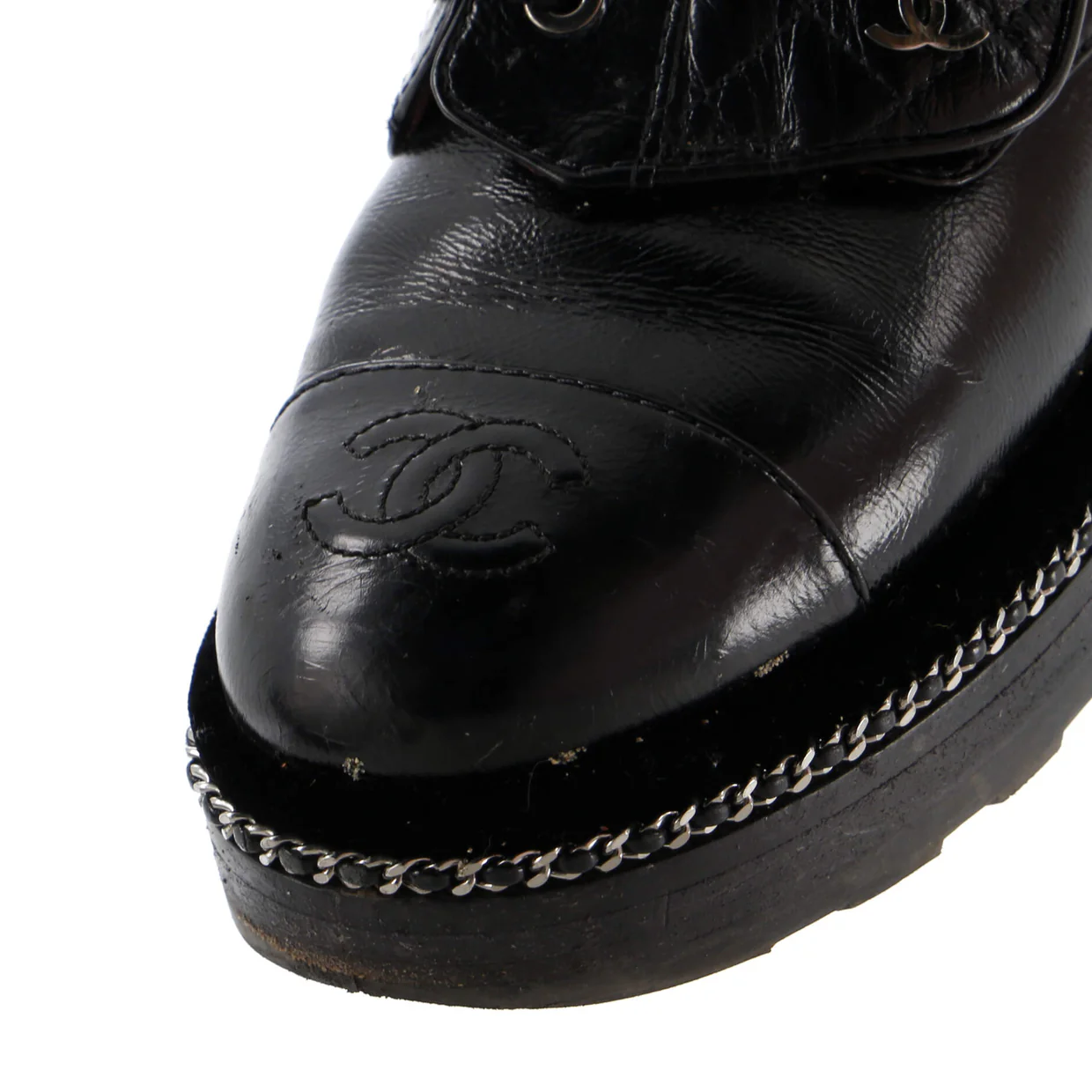Women's Cap Toe CC Chain Around Pearl Combat Boots Leather - Deep Luxury