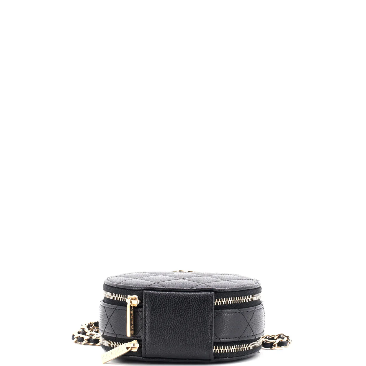 Handle with Care Round Vanity Case with Chain Quilted Caviar Small - Deep Luxury