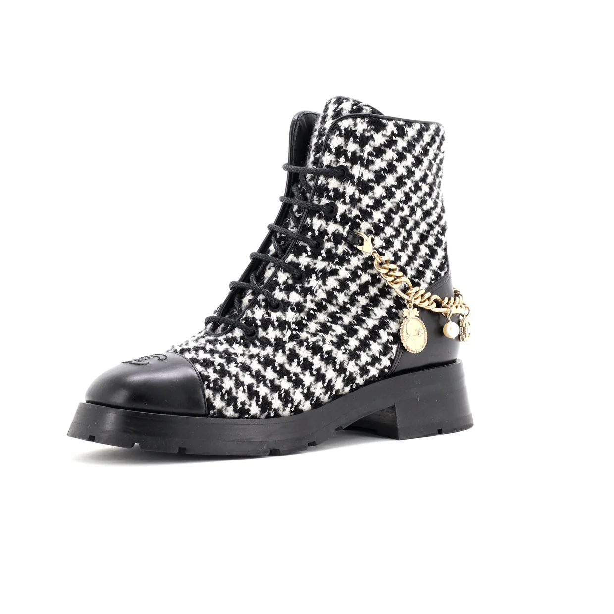 Women's Chain CC Cap Toe Lace Up Combat Boots Tweed and Leather - Deep Luxury