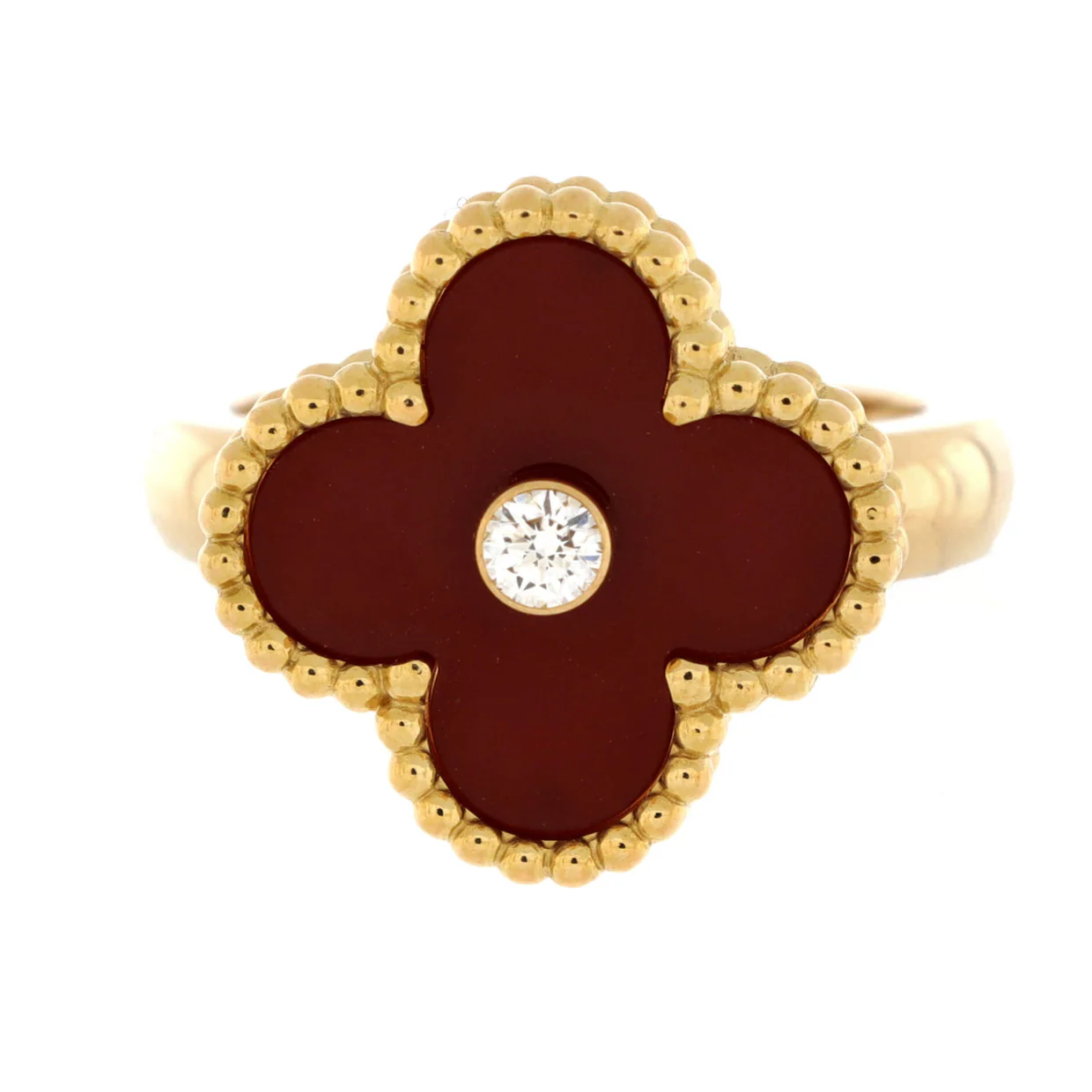 Vintage Alhambra Ring 18K Yellow Gold with Carnelian and Diamond - Deep Luxury