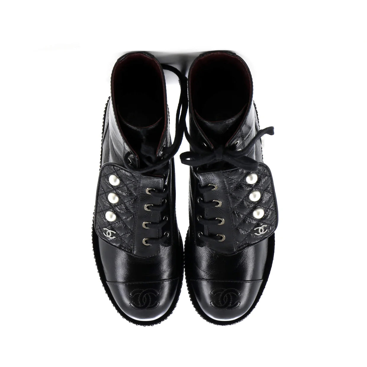 Women's Cap Toe CC Chain Around Pearl Combat Boots Leather - Deep Luxury