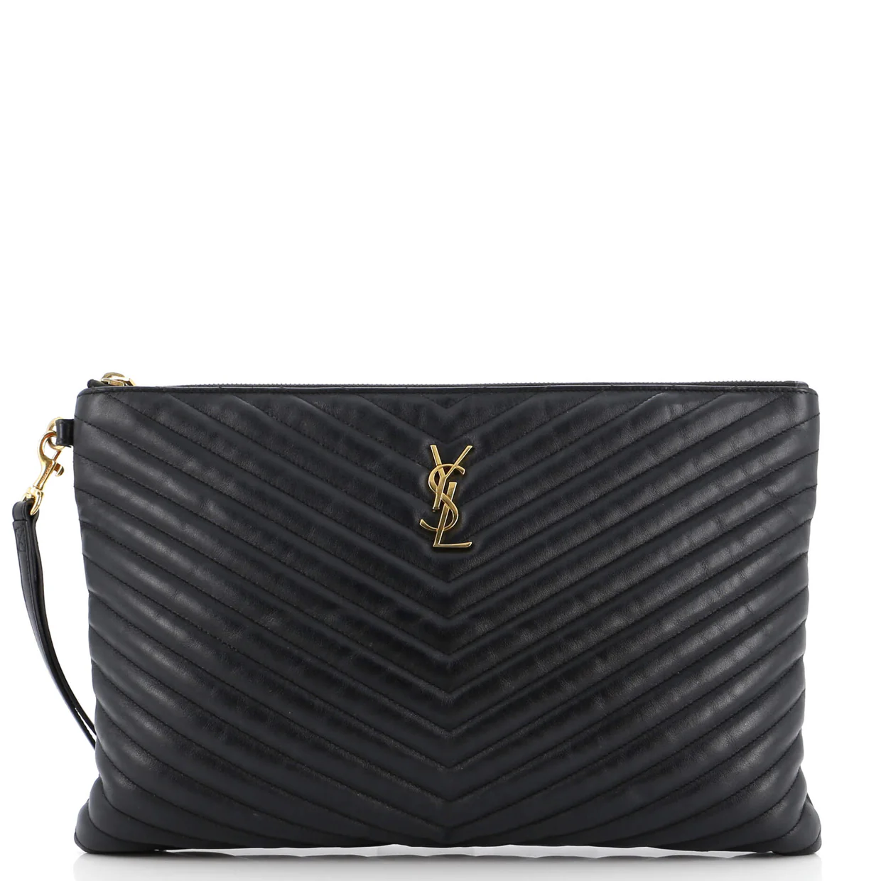 Classic Monogram Wristlet Pouch Matelasse Chevron Leather Large - Deep Luxury