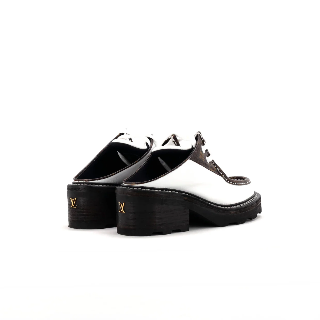 Women's LV Beaubourg Open Back Platform Derby Shoes Leather with Monogram Canvas - Deep Luxury