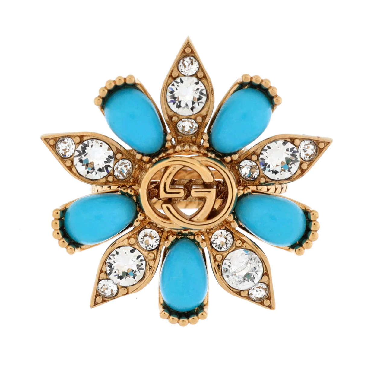 Interlocking G Flower 3 Row Stack Ring Metal with Faux Turquoise and Crystals - Deep Luxury