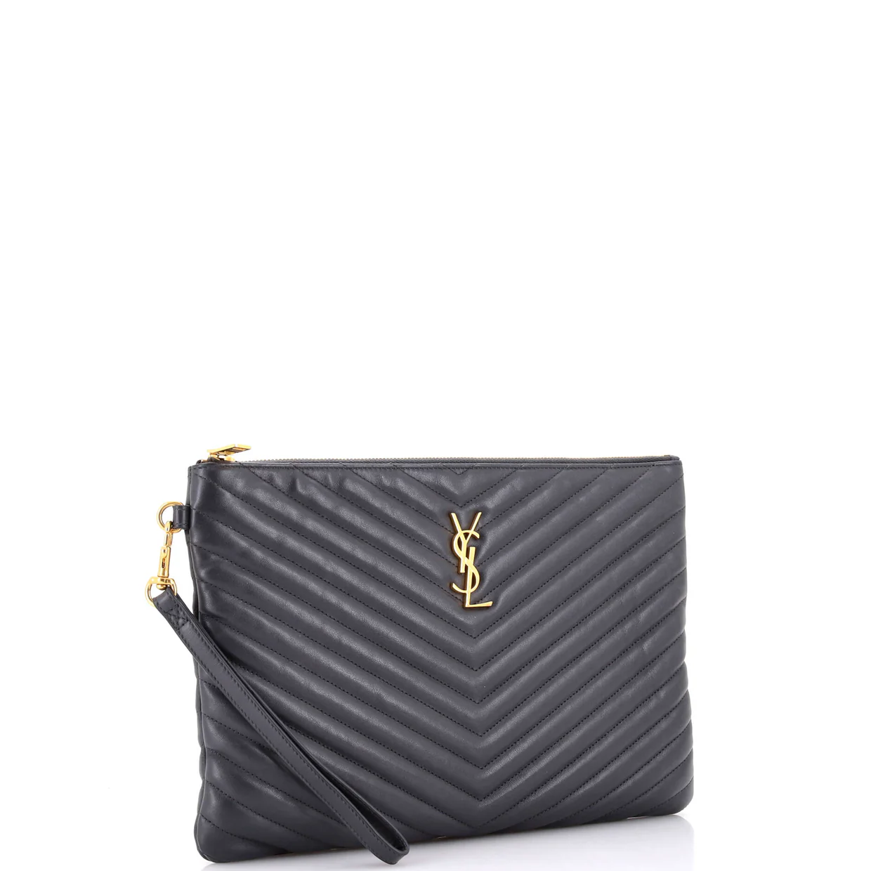 Classic Monogram Wristlet Pouch Matelasse Chevron Leather Medium - Deep Luxury