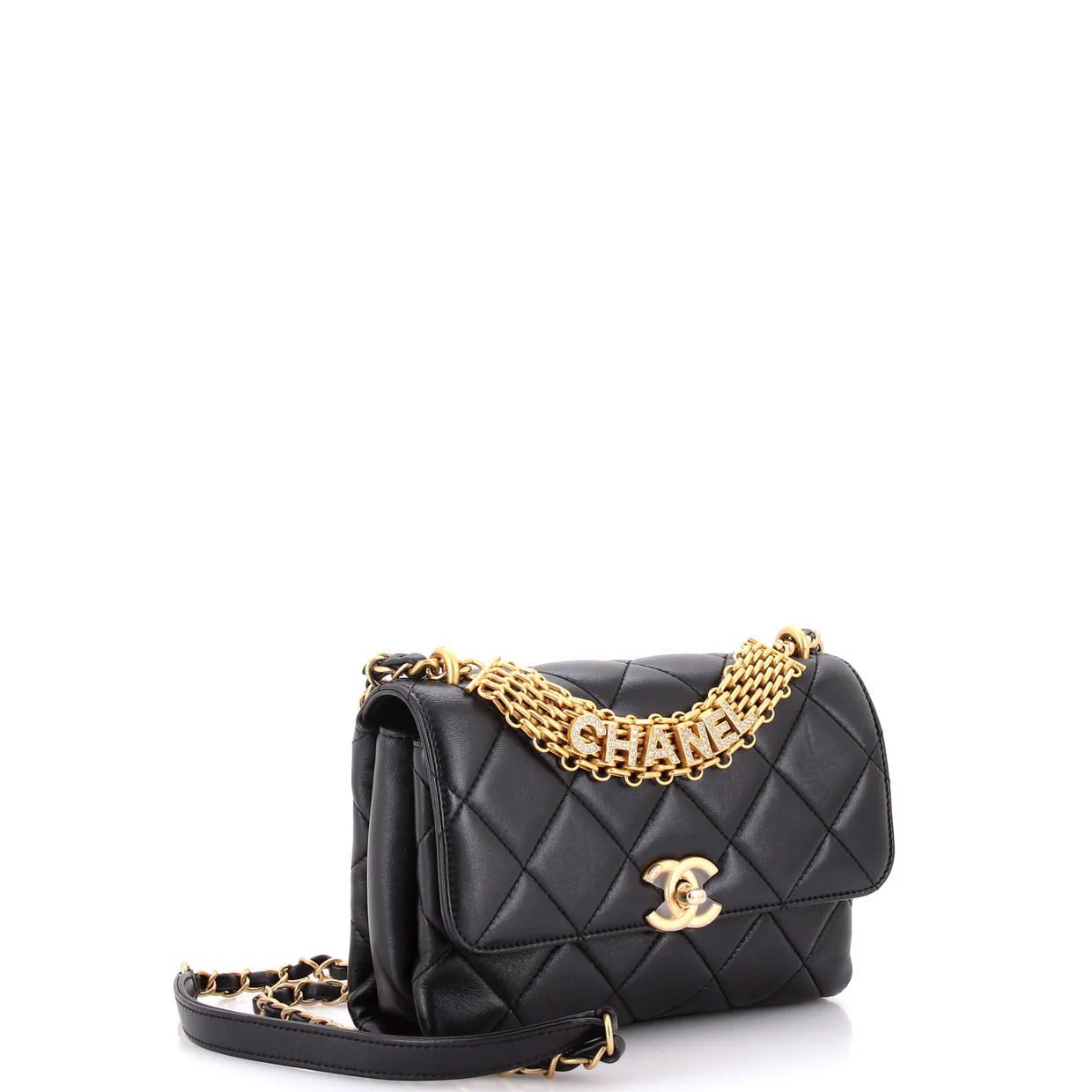 Crystal Logo Letters Chain Handle Flap Bag Quilted Lambskin Small - Deep Luxury