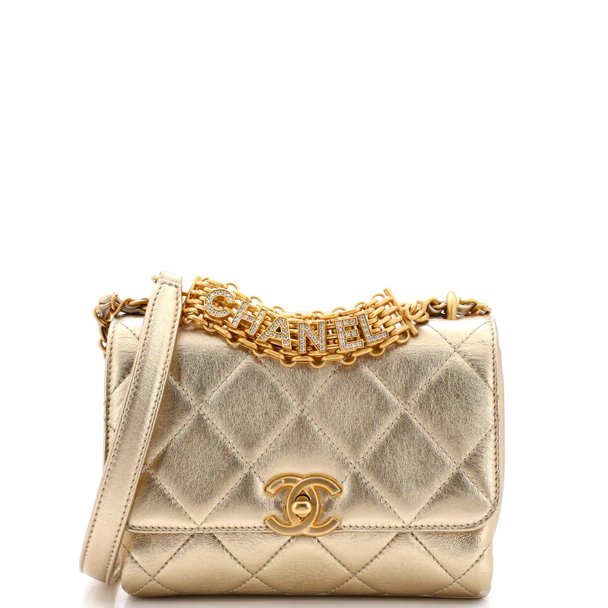 Crystal Logo Letters Chain Handle Flap Bag Quilted Lambskin Mini - Deep Luxury