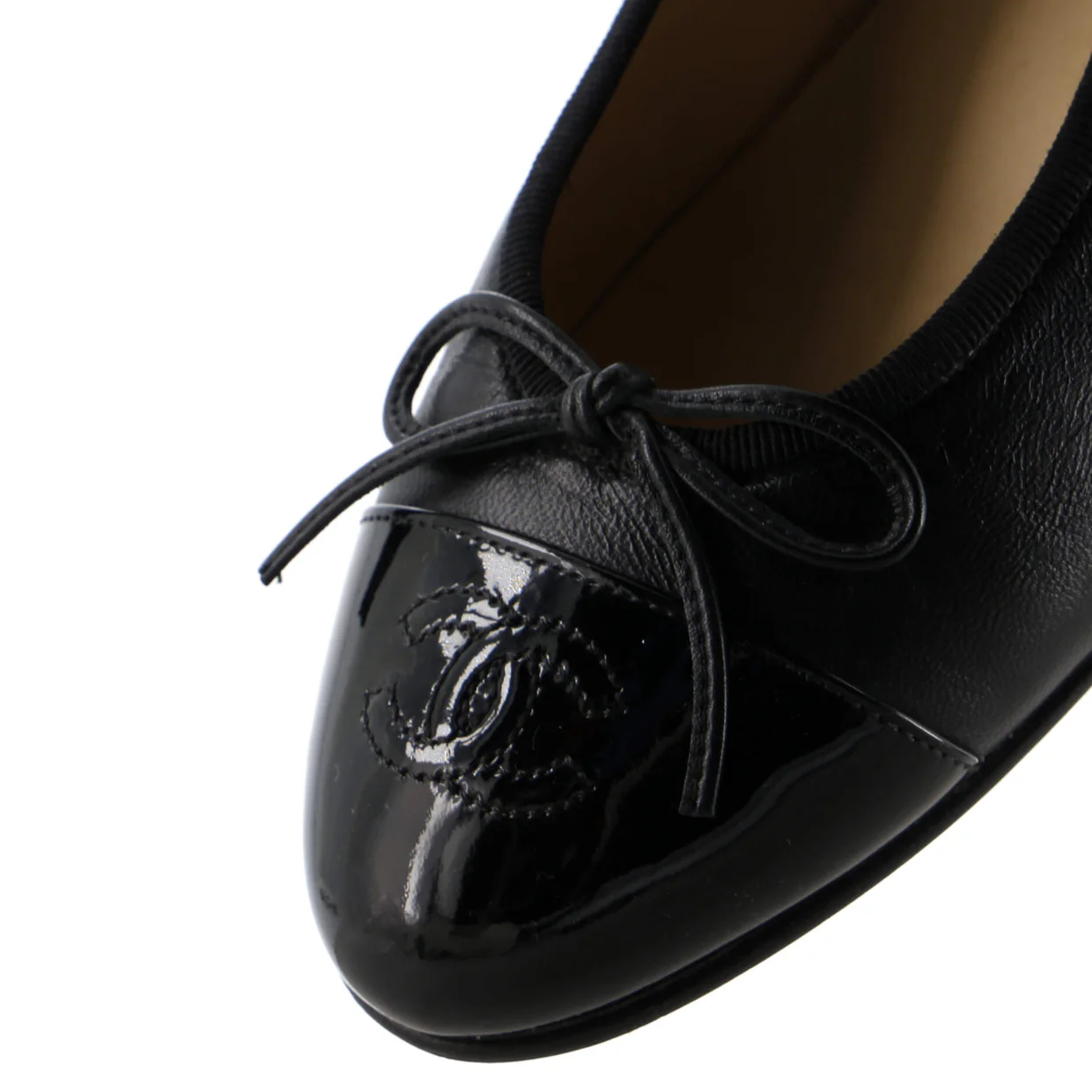 Women's CC Cap Toe Bow Ballerina Flats Leather and Patent - Deep Luxury