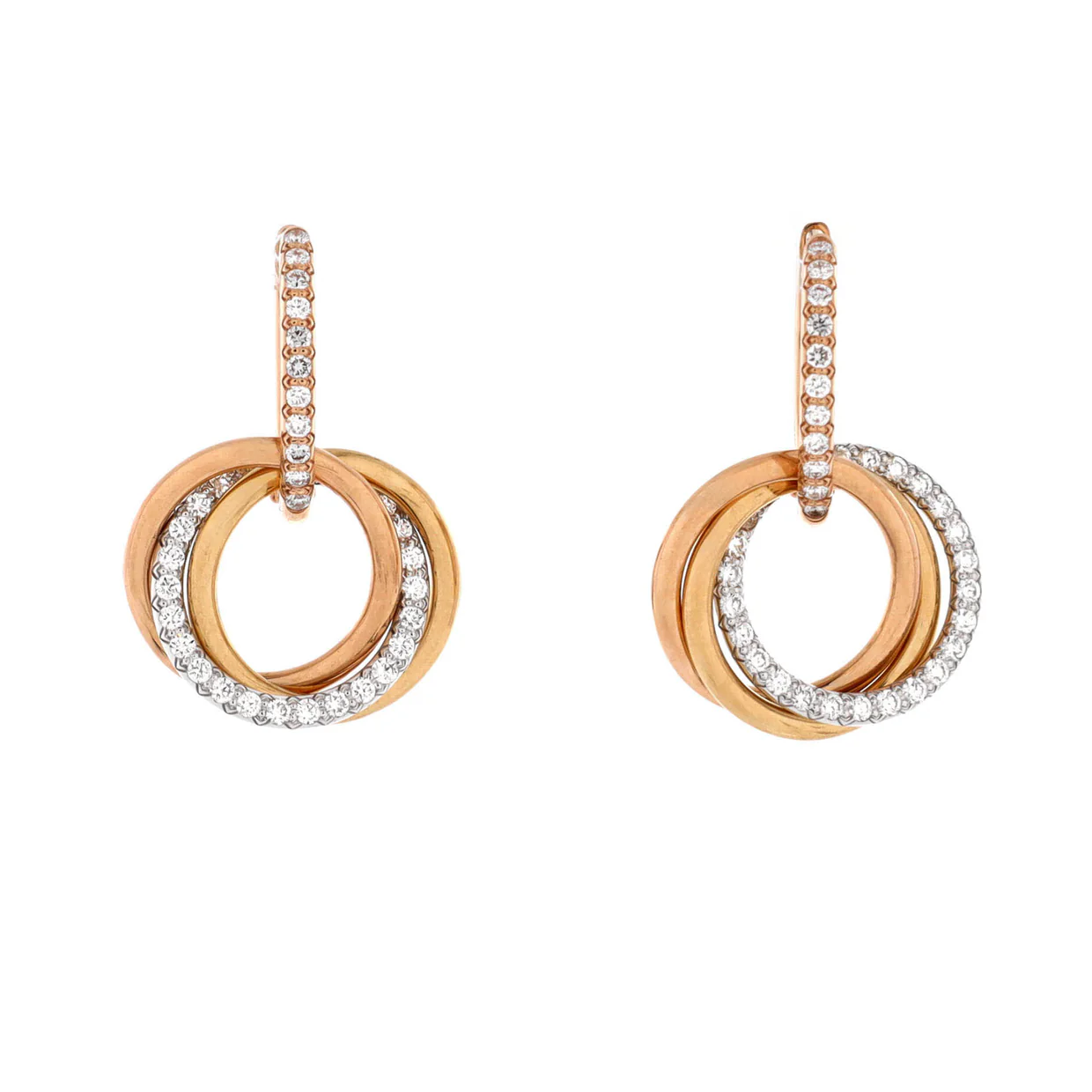 Trinity Hoop Dangle Earrings 18K Tricolor Gold with Diamonds - Deep Luxury