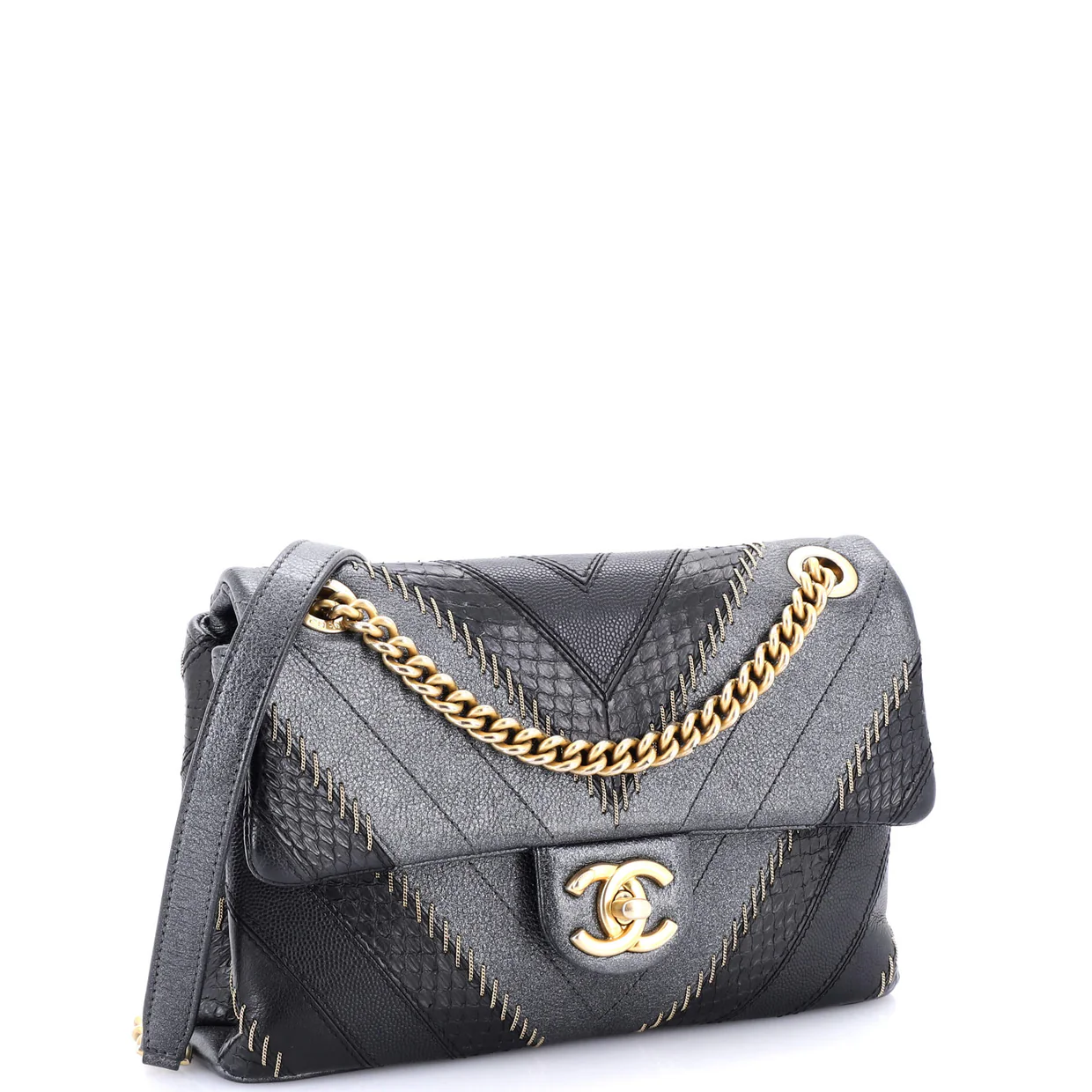 Cuba CC Flap Bag Whipstitch Chevron Leather and Python Medium - Deep Luxury